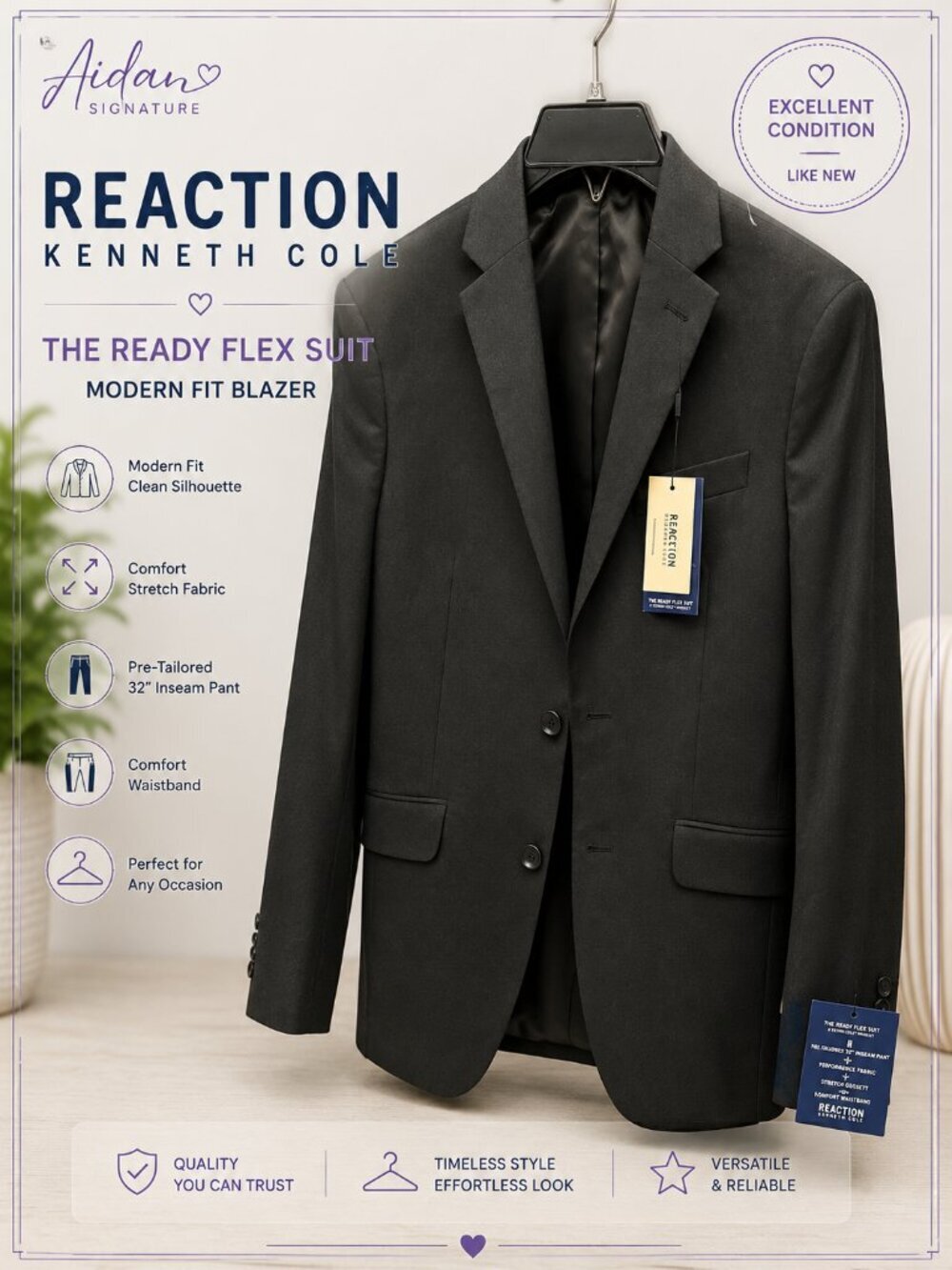 Kenneth Cole Reaction Techni-Cole Ready Flex Black Suit Jacket Blazer 36R Stretc
